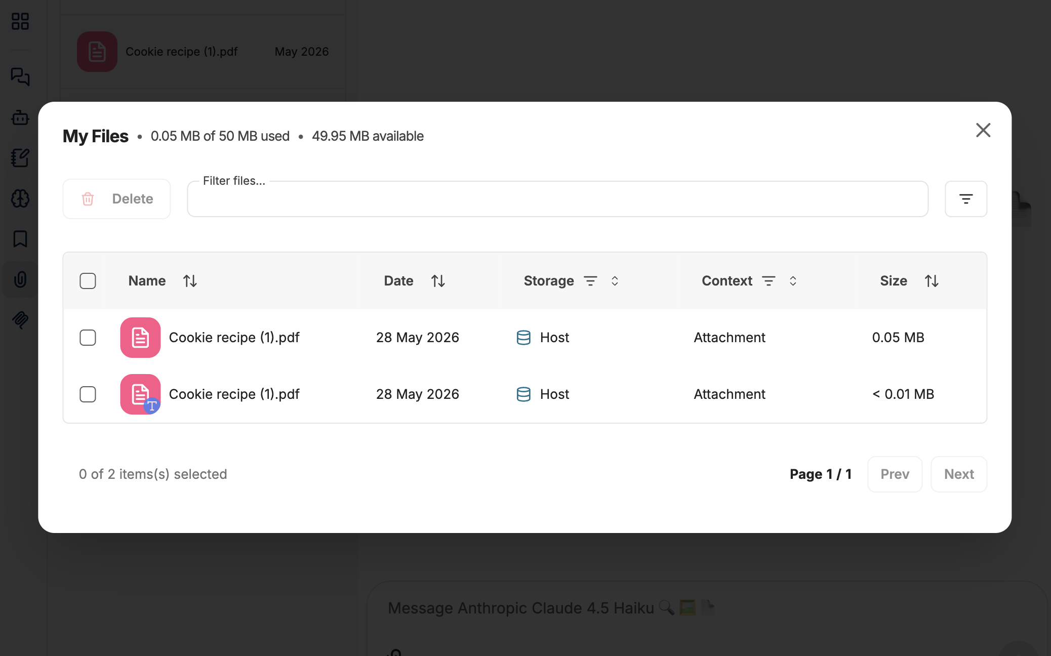 Storage status panel showing the Manage Files view